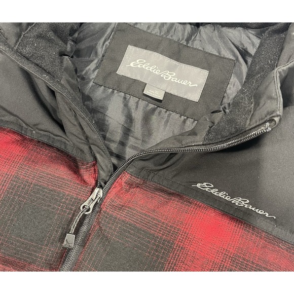 Eddie Bauer Down Vest Men's XL Black Red Plaid EB650‎ Quilted Puffer Zip Pockets - Picture 3 of 11